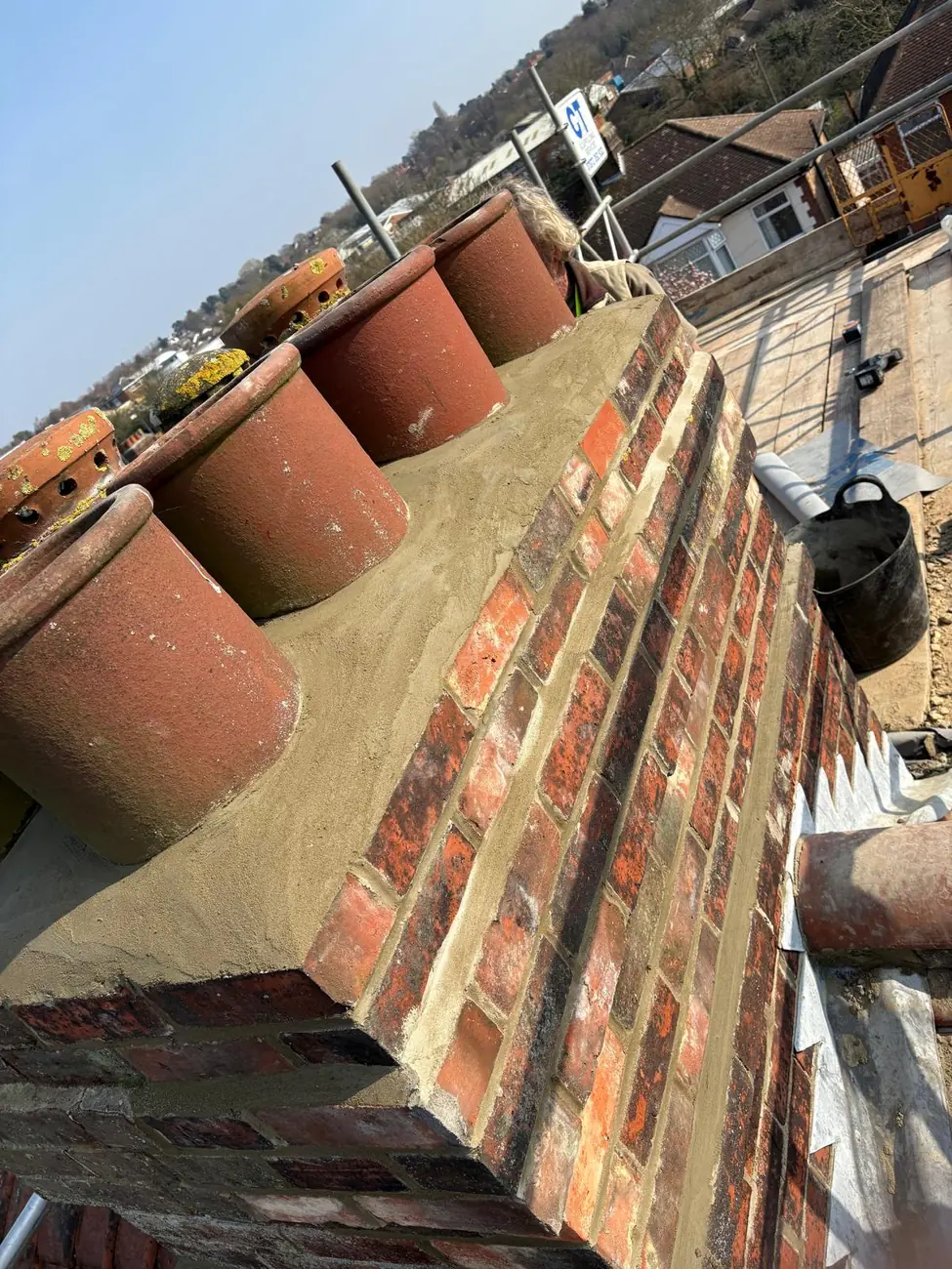 New brickwork and fresh flaunching on a rebuilt Ipswich chimney stack