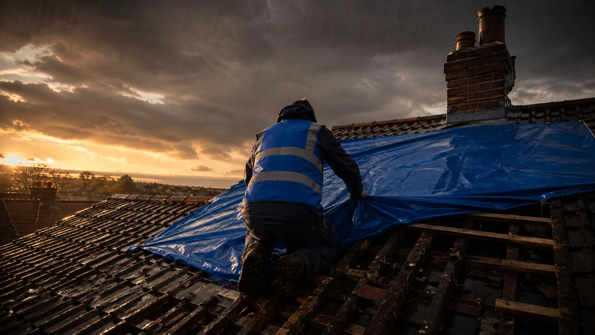 Storm-damaged Ipswich roof with blue tarpaulin reinforced over