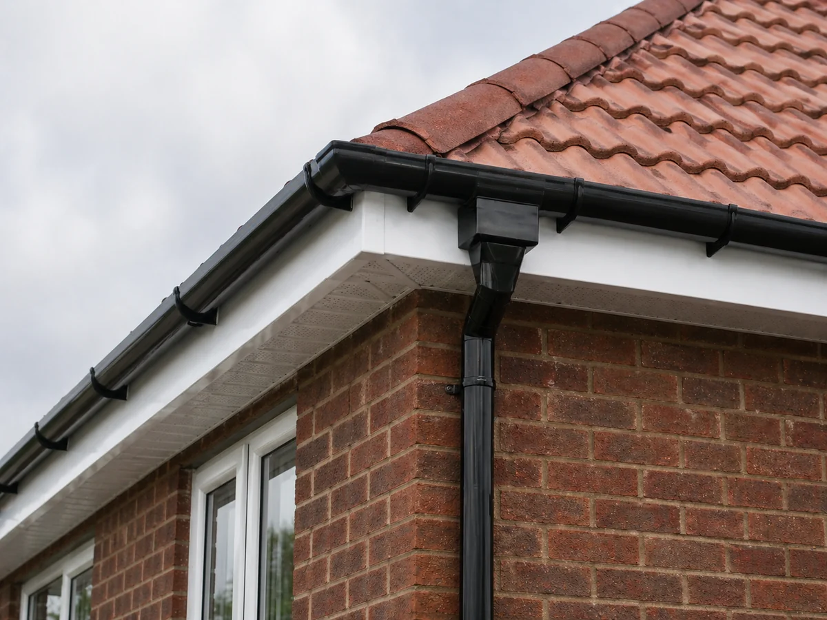 Newly installed white UPVC fascia, soffit and black guttering on a Colchester property