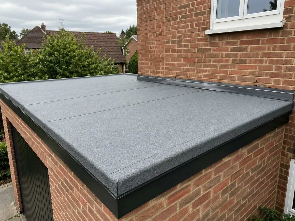 Newly finished grey felt flat roof on a Suffolk brick garage