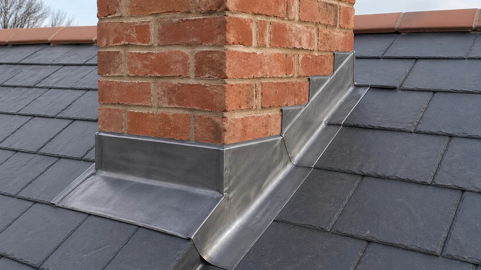Lead flashing dressed around a brick chimney on a Suffolk slate roof
