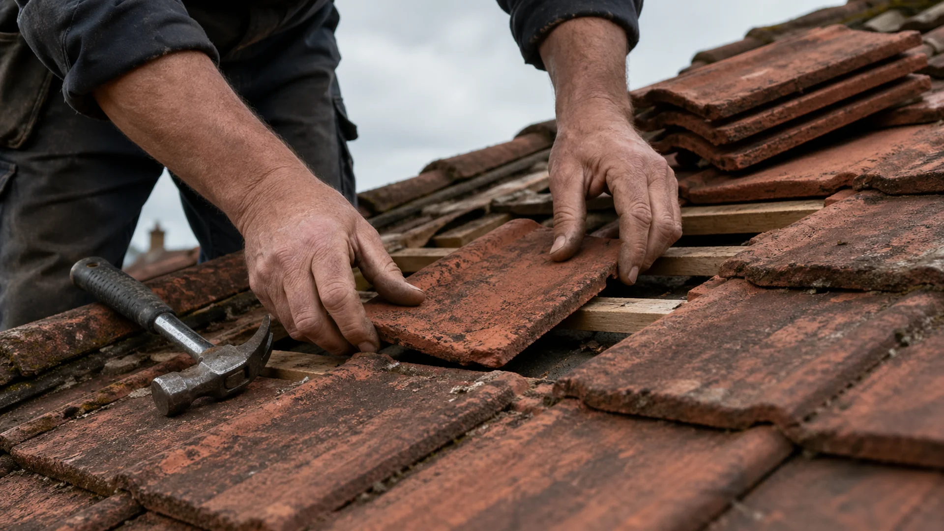 Roofer lifting a slipped concrete tile back into place in Felixstowe