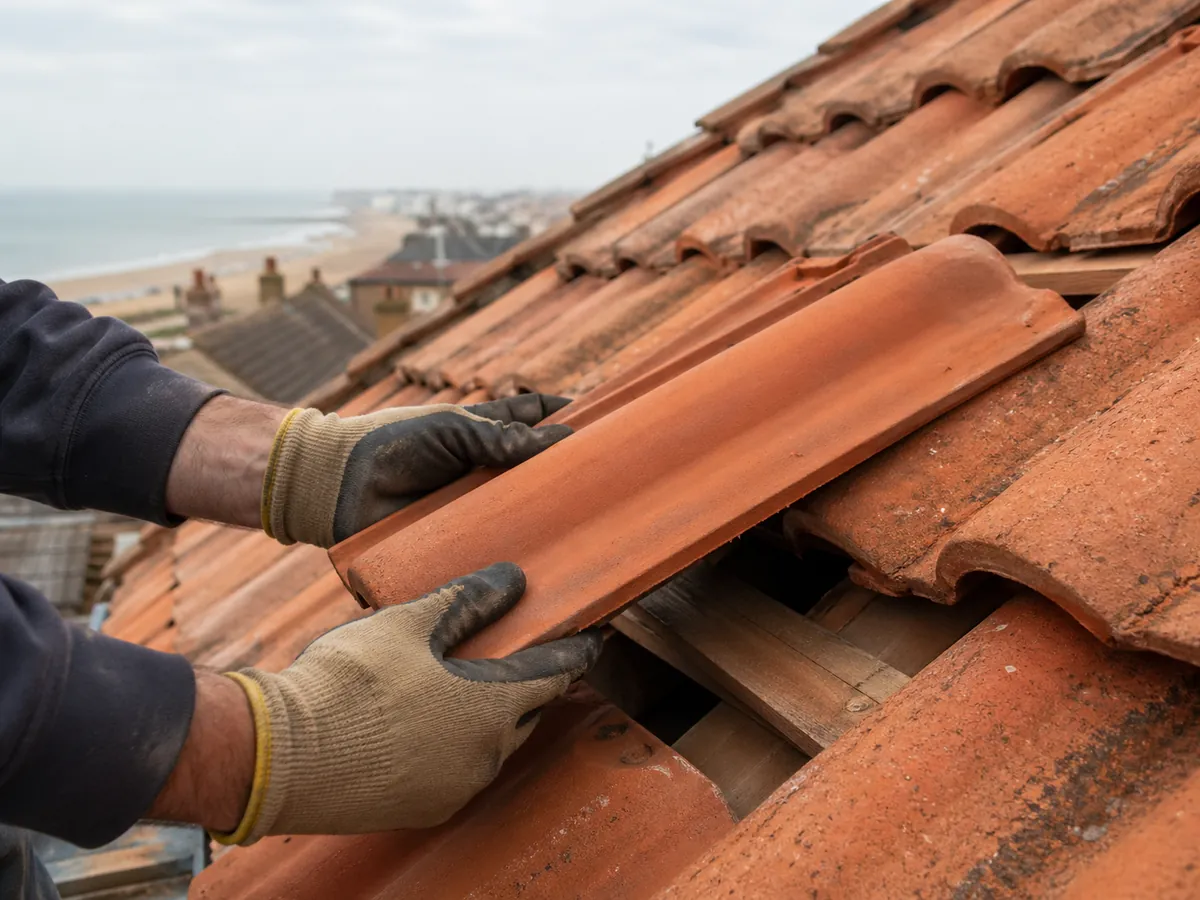 Roofer fitting a terracotta clay ridge tile on a Felixstowe coastal roof