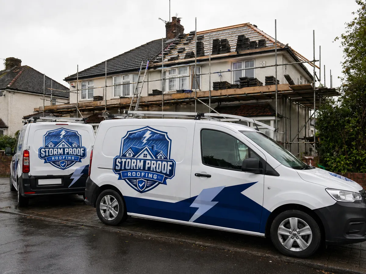 Stormproof Roofing branded van fleet parked outside an Ipswich re-roof job
