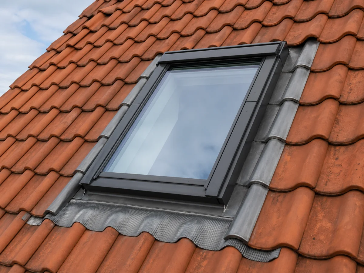 Newly installed Velux-style roof window in an Ipswich clay tile roof